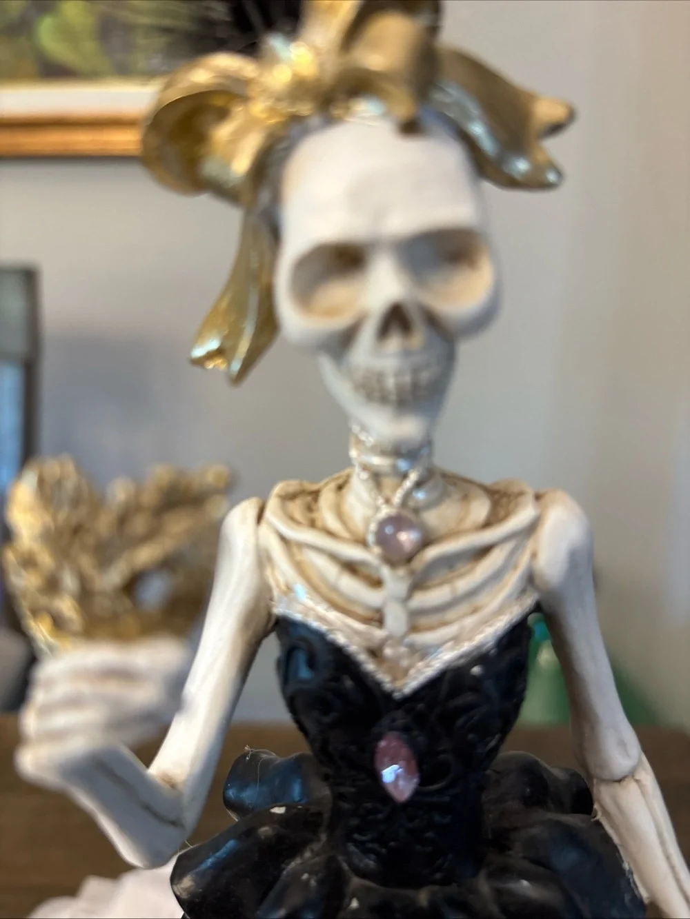 Bella Lux Halloween Skeleton Bow Mask Lady Figurine Leopard Sequin Dress